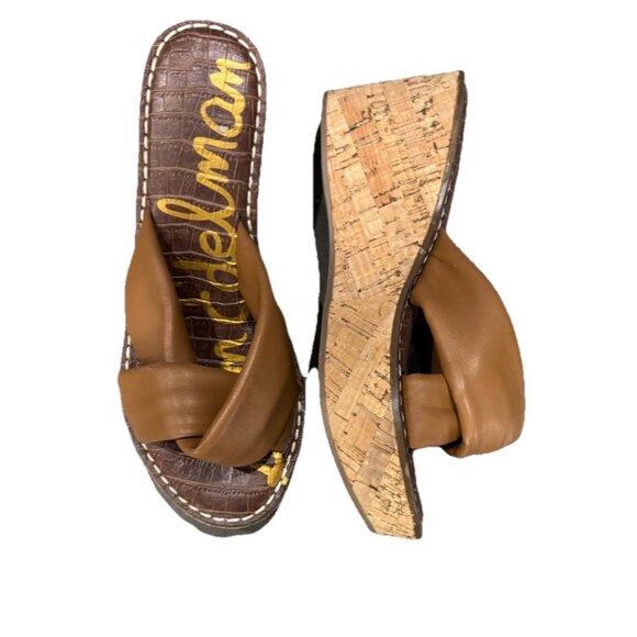 Sam Edelman Ramsey Sandals Womens US 6.5 Brown Leather Cork Wedge - Picture 2 of 4